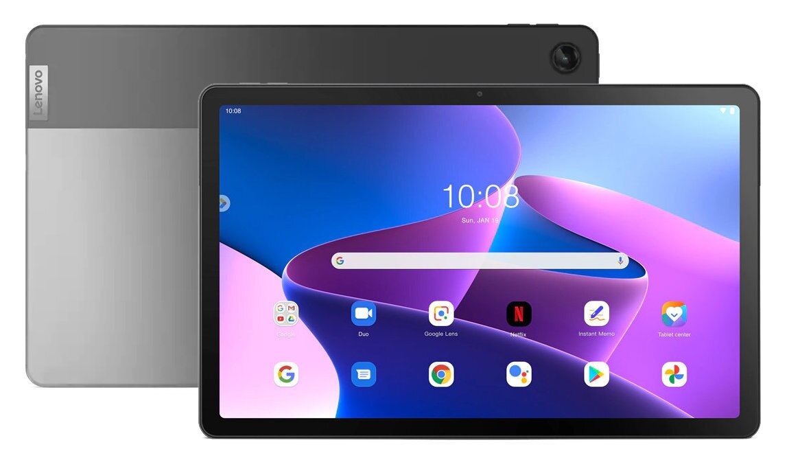 Tablet z interfejsem pokazującym ikony aplikacji na ekranie, widok z przodu i z tyłu.