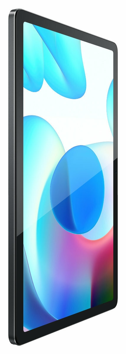 Tablet w profilu, czarna ramka, biały ekran z abstrakcyjnymi niebieskimi kształtami.