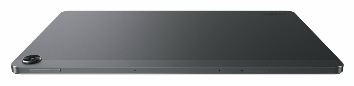 Ciemnoszary tablet na białym tle. Widoczny aparat.