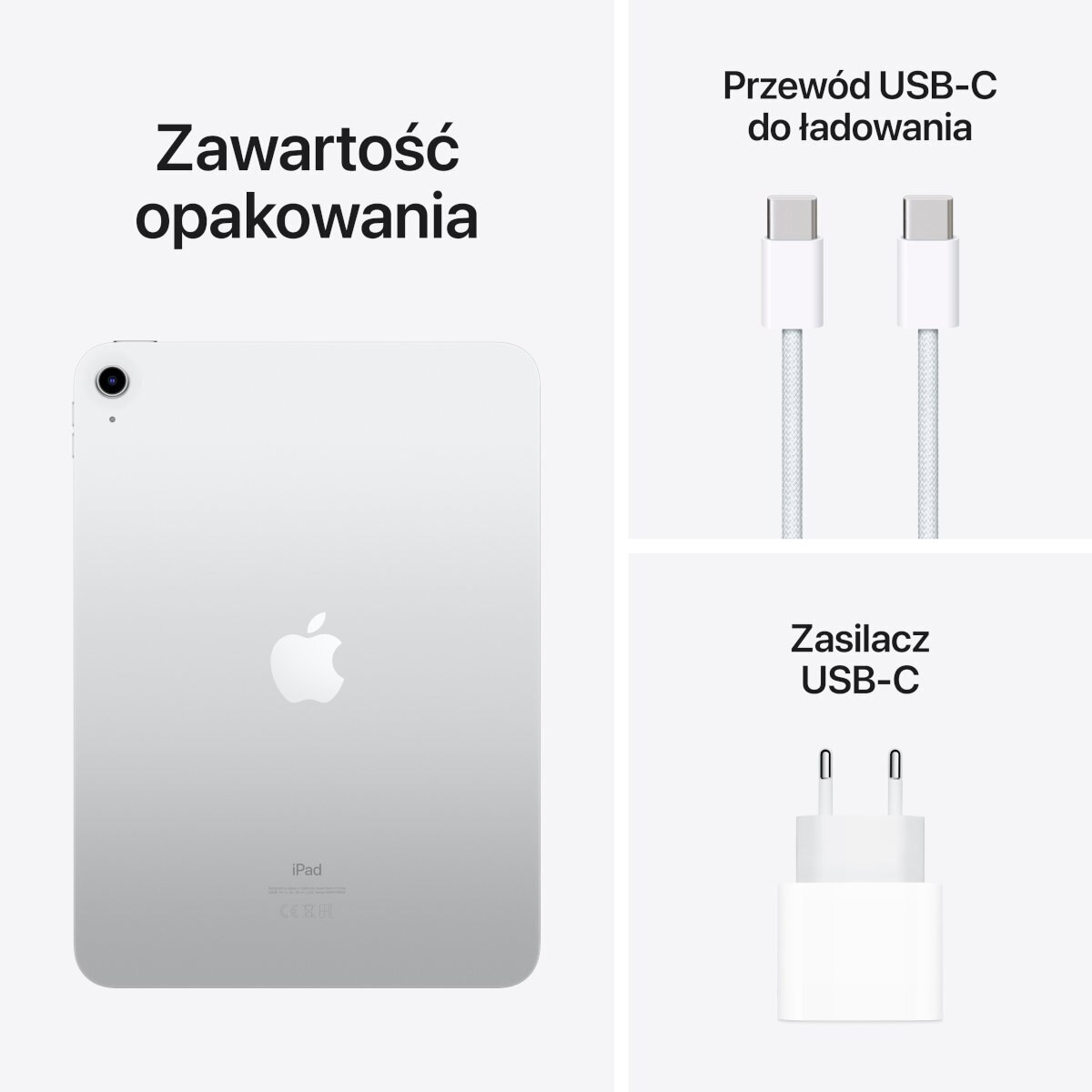 Srebrny iPad z logo Apple, kablem do ładowania i ładowarką USB-C na białym tle.