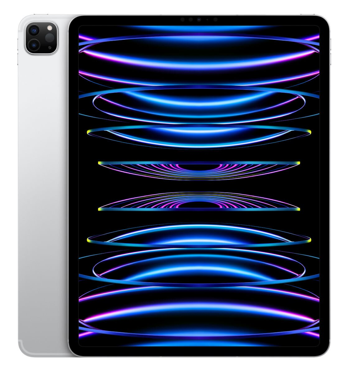 Srebrny iPad Pro z żywym, abstrakcyjnym tłem. Aparat jest widoczny.