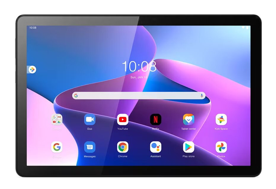 Tablet wyświetlający ekran główny z ikonami aplikacji.