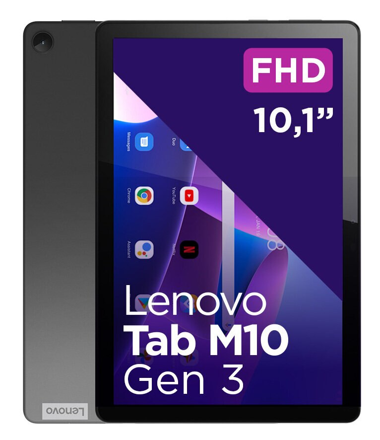 Czarny i szary tablet Lenovo. Ma ekran wyświetlający ikony aplikacji. Tekst: Lenovo Tab M10 Gen 3. FHD 10,1".