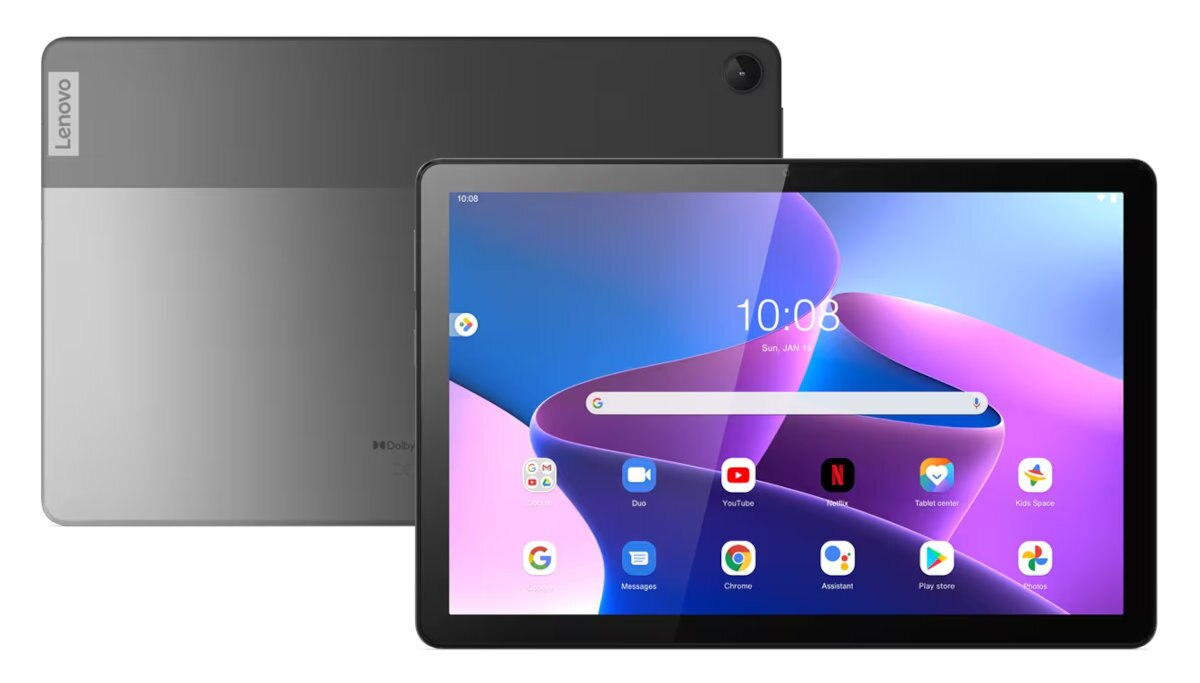 Tablet wyświetla ekran główny. Tył pokazuje logo Lenovo. Godzina to 10:08, 14 stycznia.