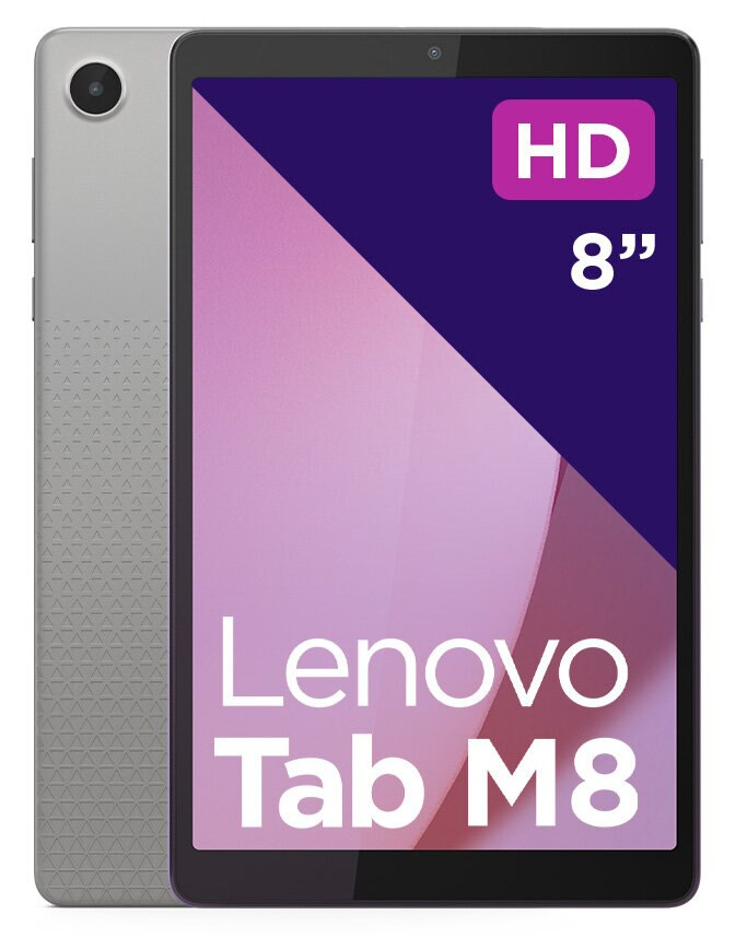 Tablet Lenovo z ekranem, tekstem Lenovo Tab M8 i logo HD, tył srebrny z aparatem.