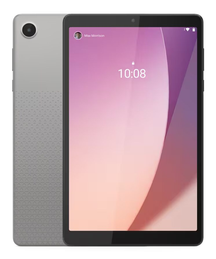 Tablet z dwoma widocznymi bokami. Tył jest srebrny, a przód włączony.