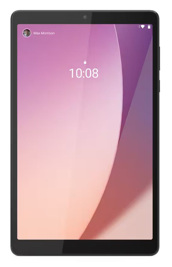 Tablet na białym tle, wyświetlający interfejs użytkownika z zegarem.