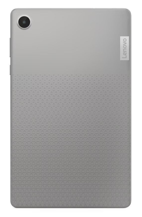 Tył szarego tabletu Lenovo z aparatem i wzorzystą dolną częścią. Obecne logo Lenovo.