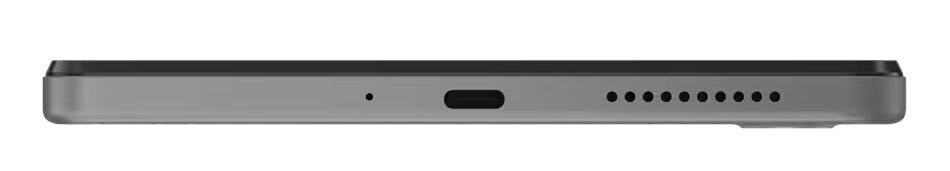 Widok z boku szarego tabletu z portem USB-C i głośnikami.