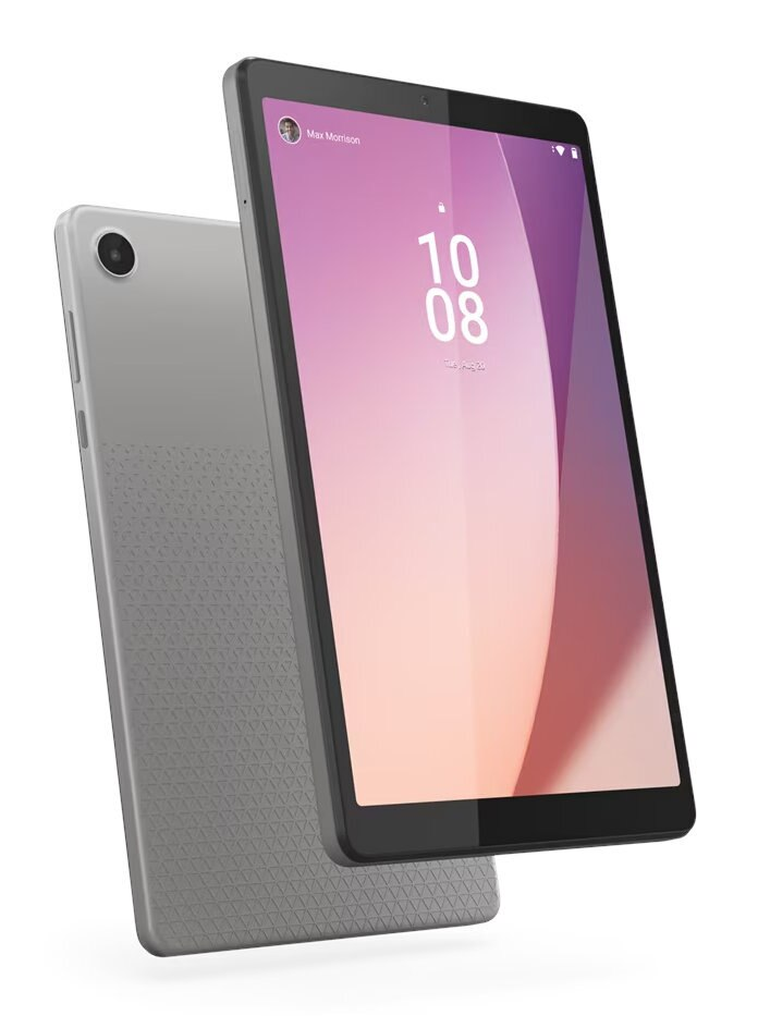 Szary tablet z datą i godziną na ekranie na białym tle.