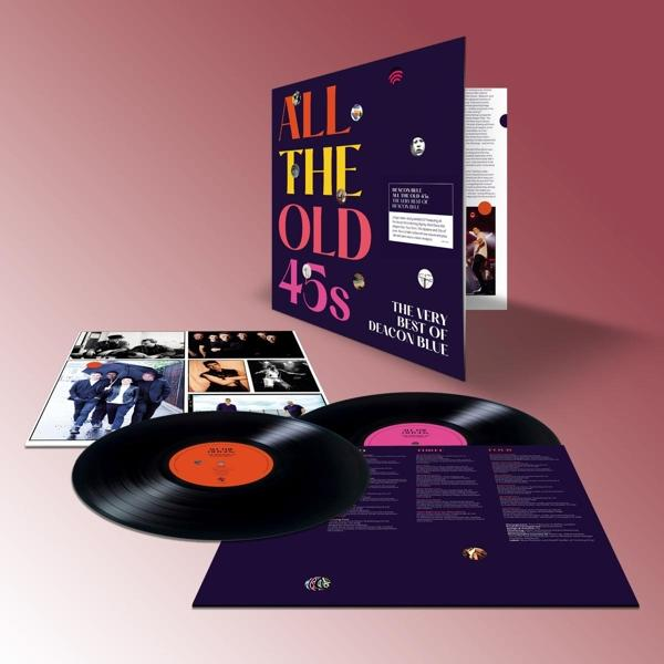 Albumcover von 'All The Old 45s' von Deacon Blue, mit Schallplatten. Auf rotem-lila Hintergrund.