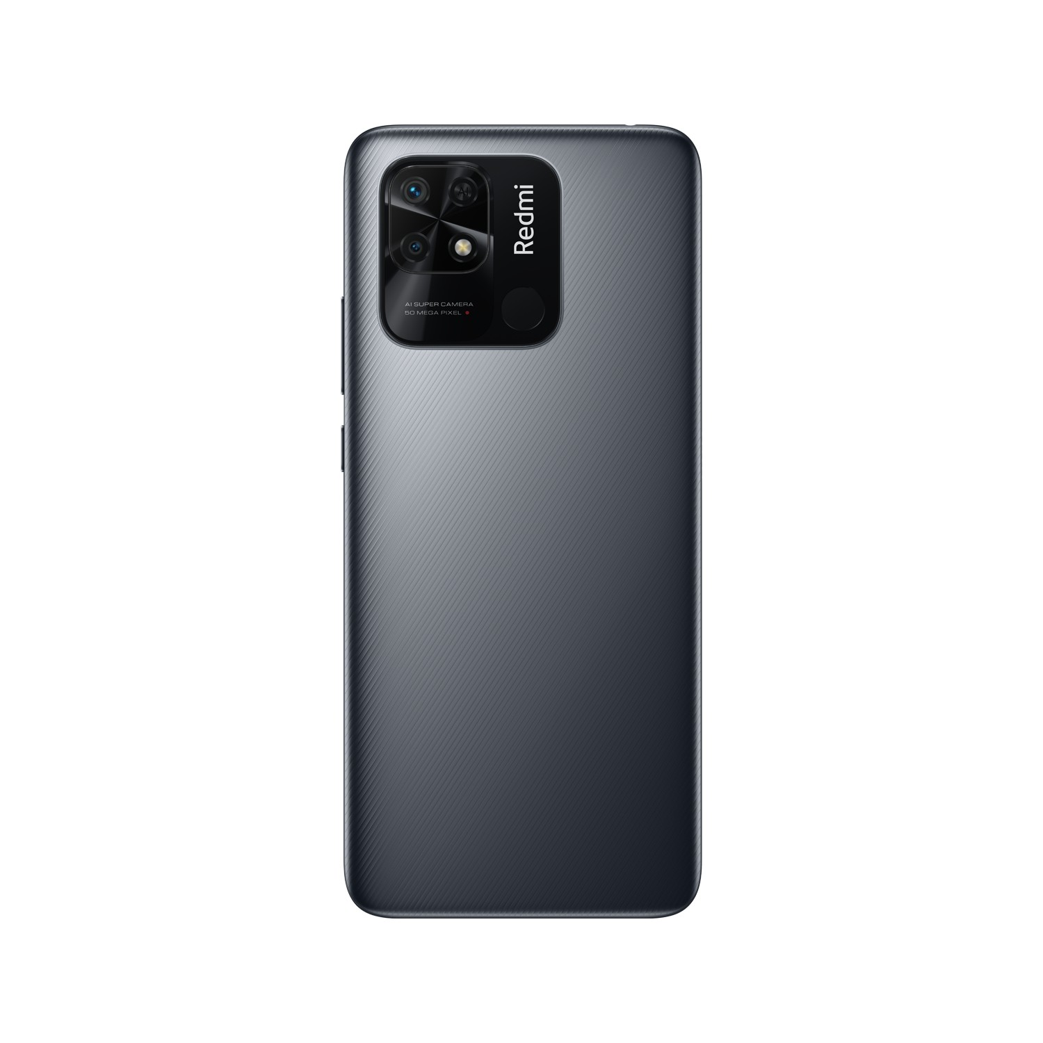 Kamera dizilimine sahip koyu gri bir Redmi telefonun arkası. Redmi logosu mevcut.
