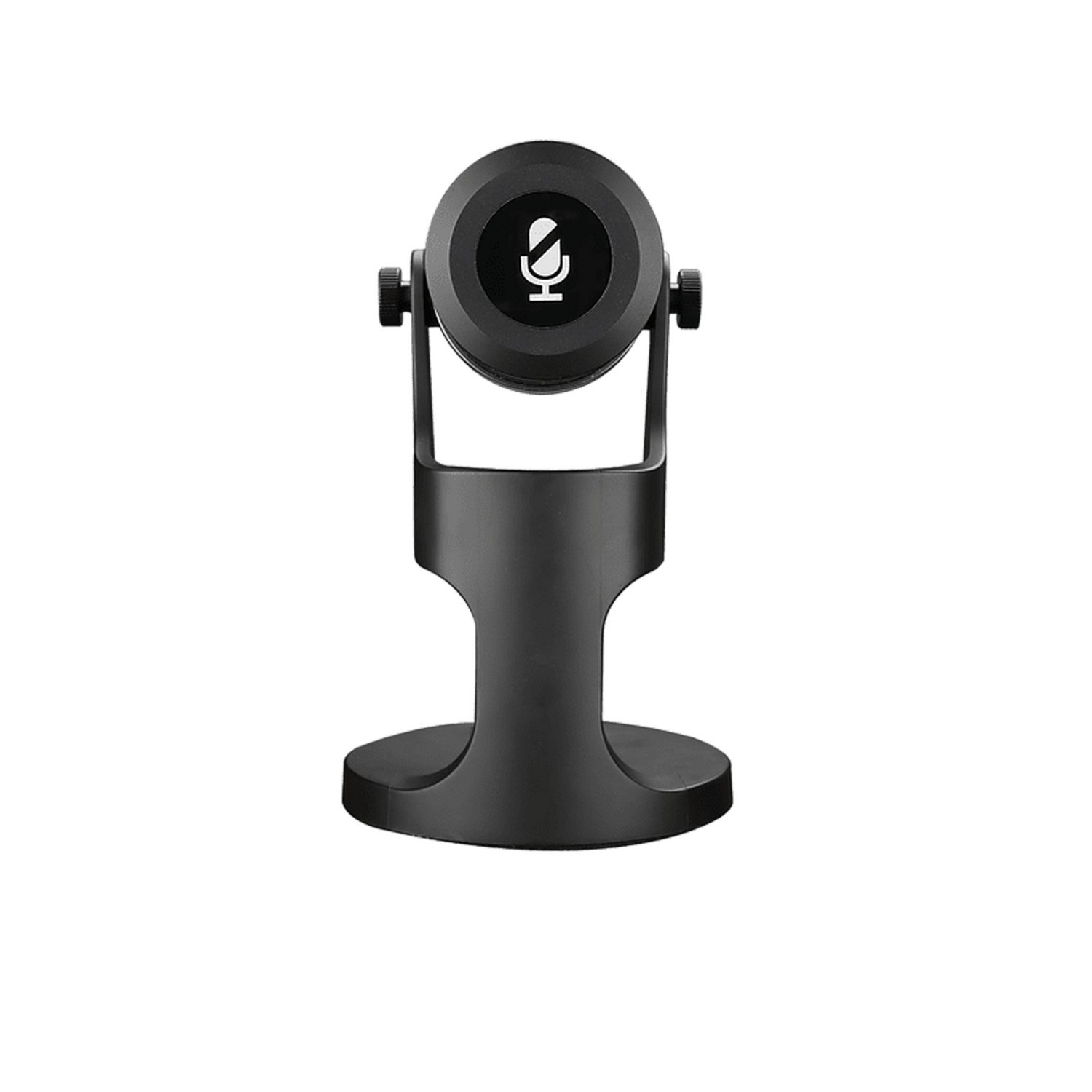Een zwarte microfoon op een standaard met een ronde bovenkant en een microfoonsymbool.