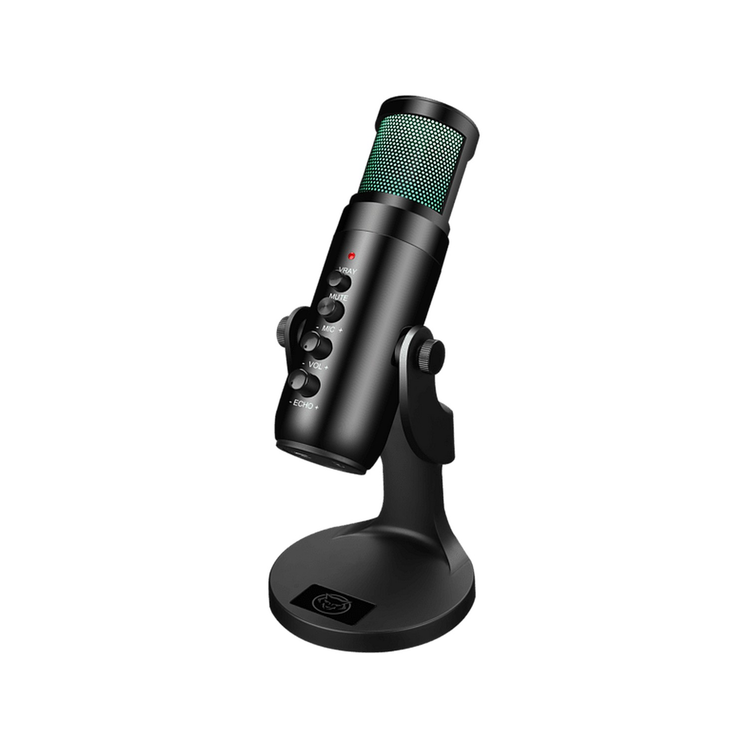 Zwarte microfoon met groen gaas, op een standaard, omhoog gekanteld.