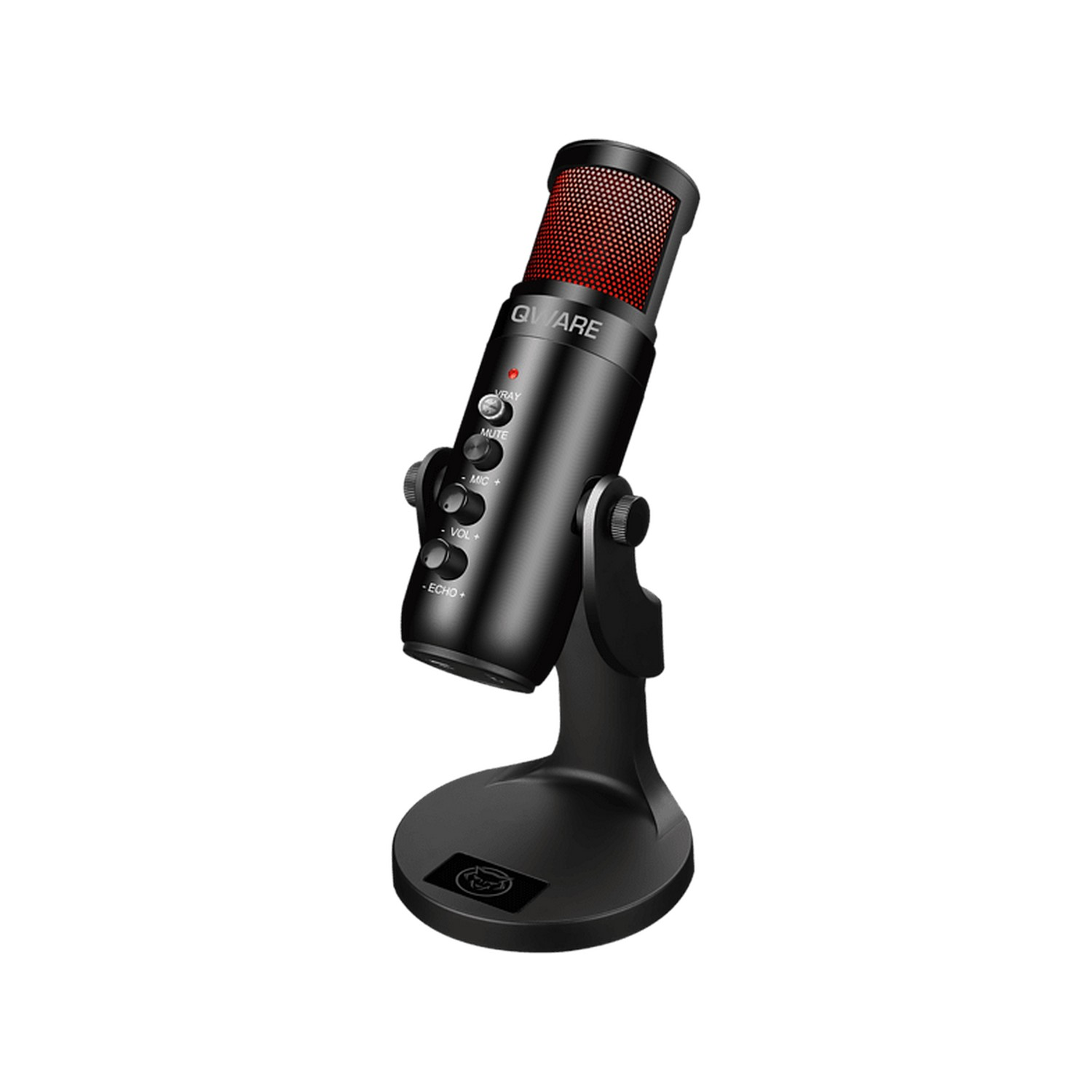 Zwarte microfoon met rood gaas, op standaard. Knoppen voor dempen, echo en volume.