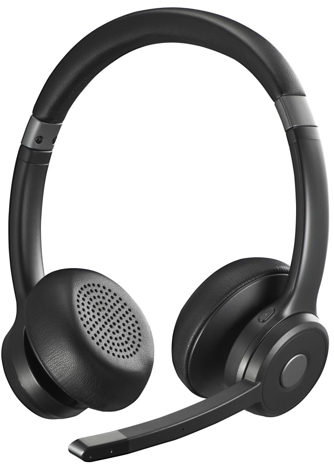 Schwarzes Headset mit Mikrofon und Ständer. Das Headset befindet sich auf weißem Hintergrund.