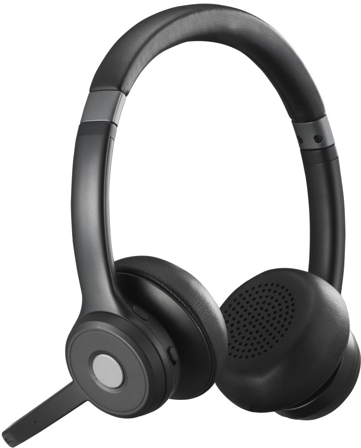 Ein schwarz-graues Headset mit Mikrofon und Knopf, von der Seite vor weißem Hintergrund betrachtet.