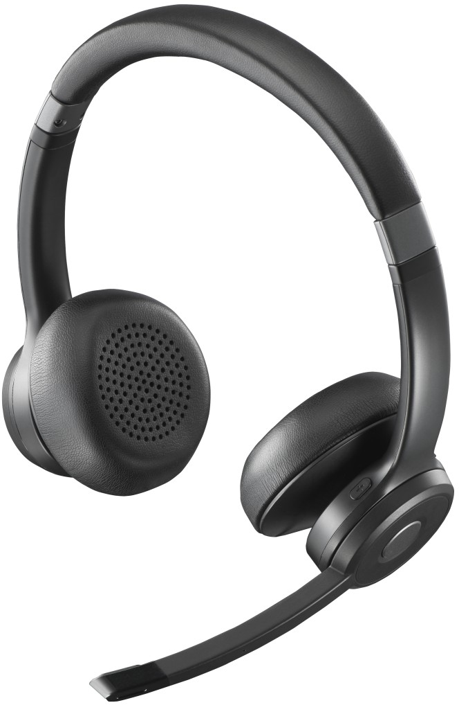 Schwarzes drahtloses Headset mit Mikrofon am Ohrhörer.