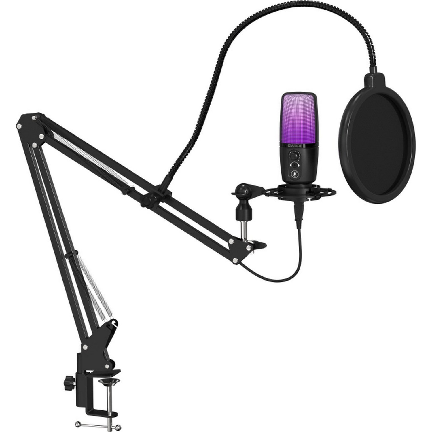 Een zwarte microfoon met paars licht, een popfilter en een standaard, op een witte achtergrond.