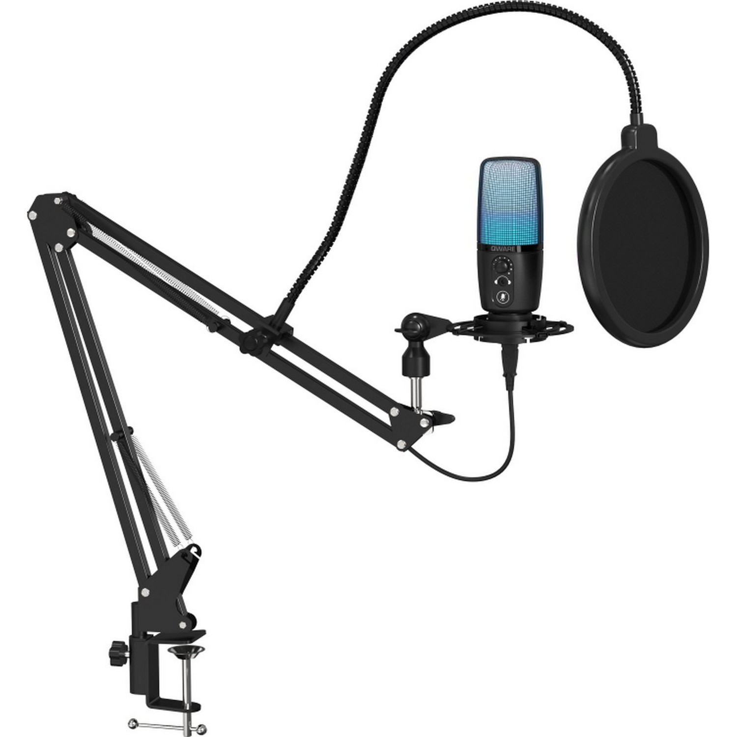 Zwarte microfoon op een standaard. Inclusief popfilter en verstelbare arm, alles op witte achtergrond.