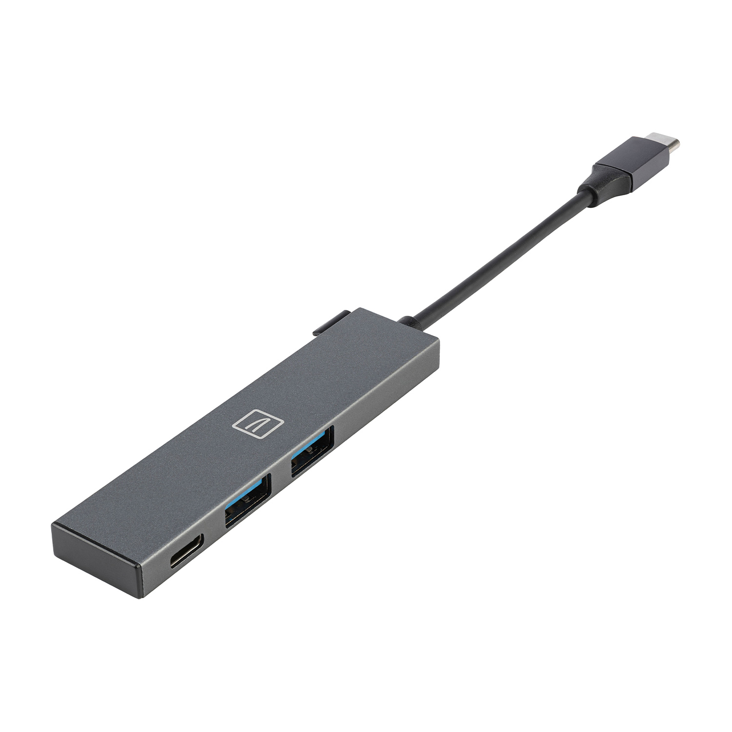 Un hub USB-C grigio con porte USB e un connettore USB-C.