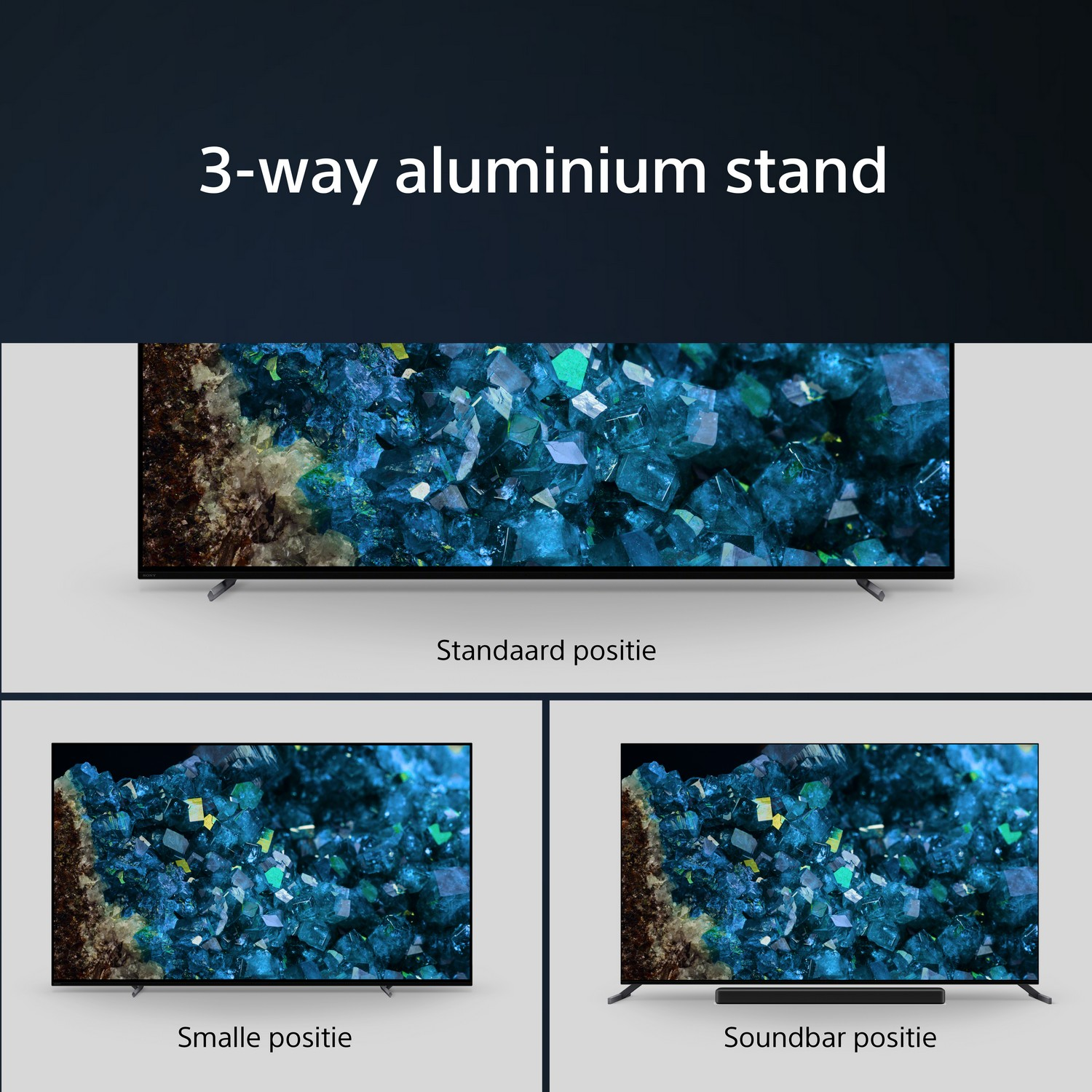 Un écran de télévision avec trois positions de support différentes. Le téléviseur affiche une image bleue et verte.