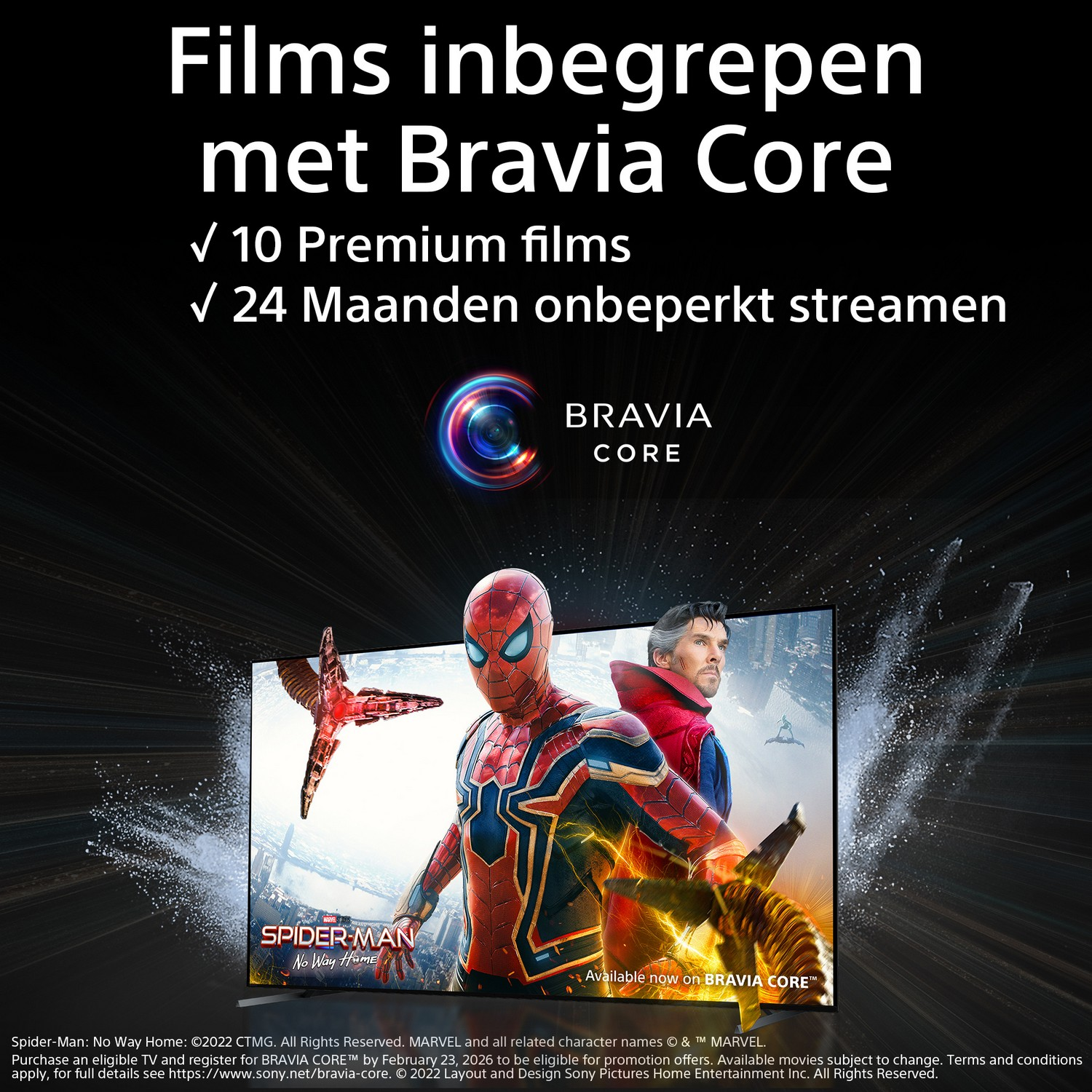 TV avec Spider-Man et Doctor Strange, promo pour Bravia Core avec films.