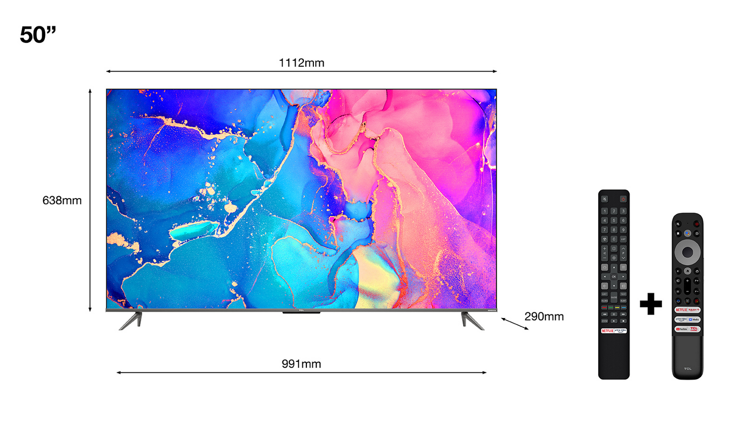 Un televisor de 50 pulgadas con dimensiones y dos mandos a distancia.