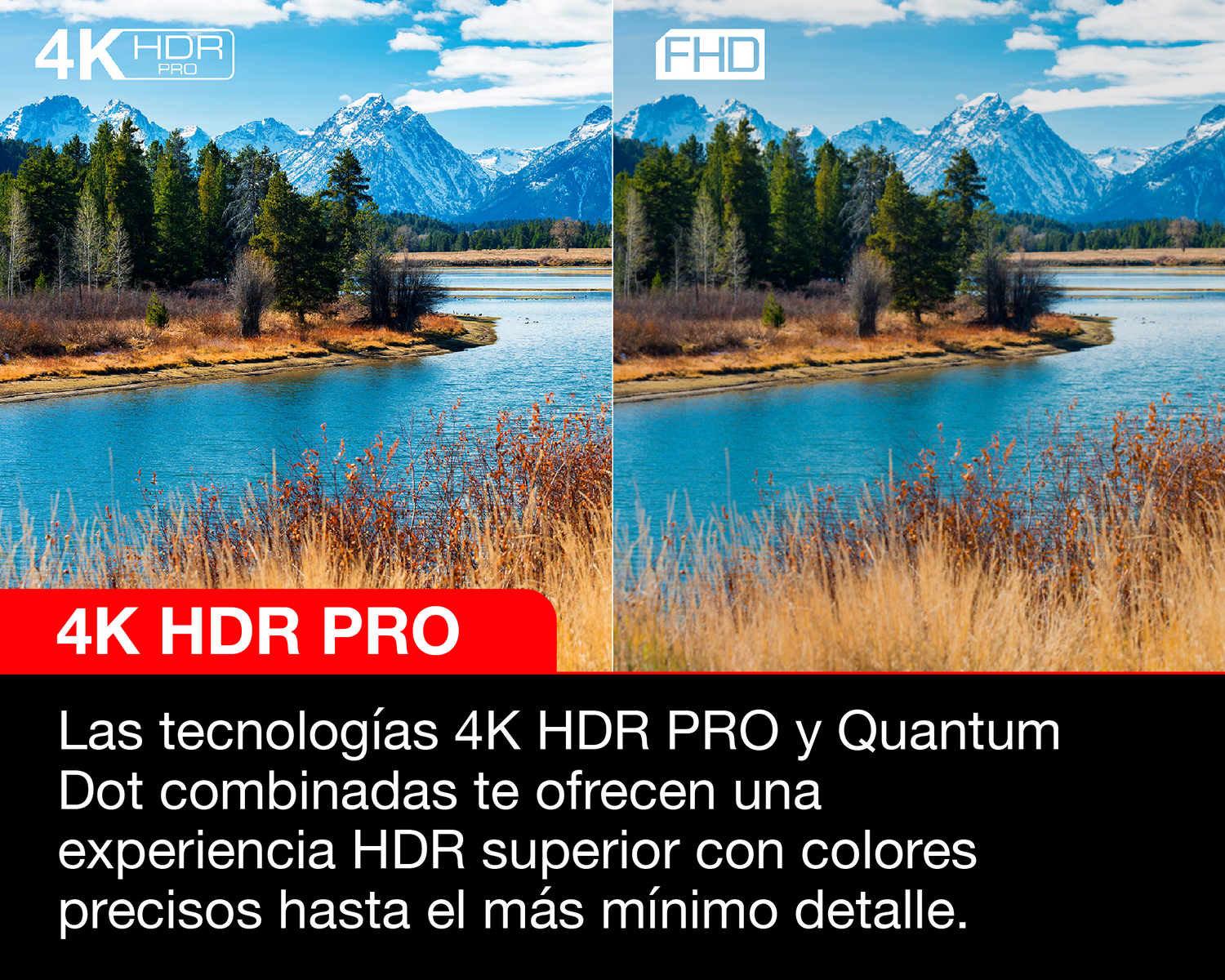 Toma del paisaje del lago, montañas, árboles y texto 4K HDR PRO. Un lado es 4K HDR PRO, el otro es FHD.