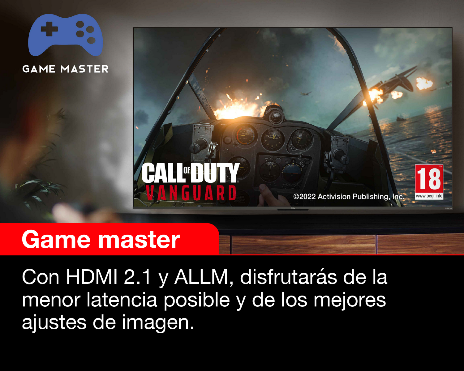 Una pantalla de TV muestra un juego con el texto "CALL OF DUTY VANGUARD" y el logotipo de Game Master.