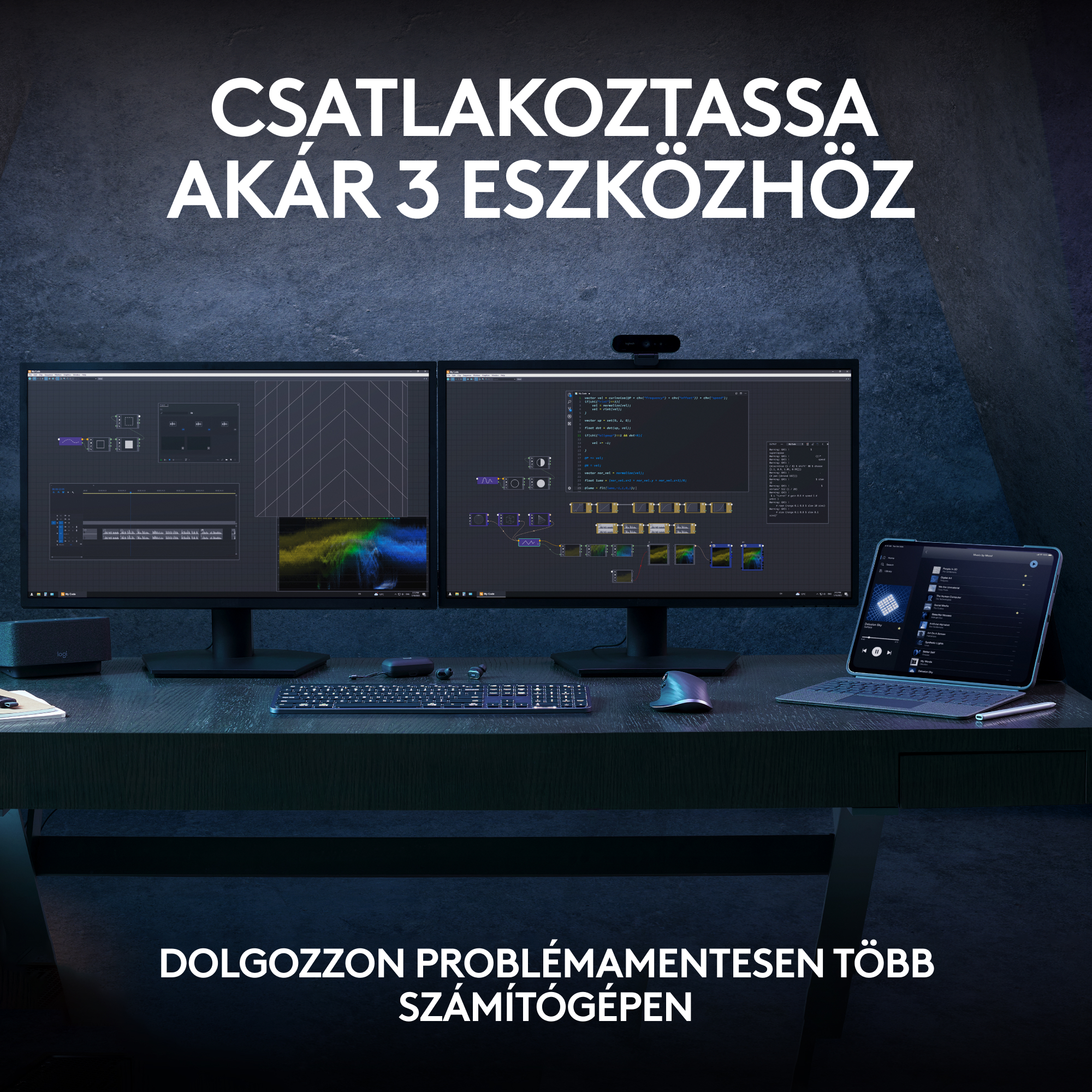 Asztali beállítás monitorokkal és egyéb eszközökkel.