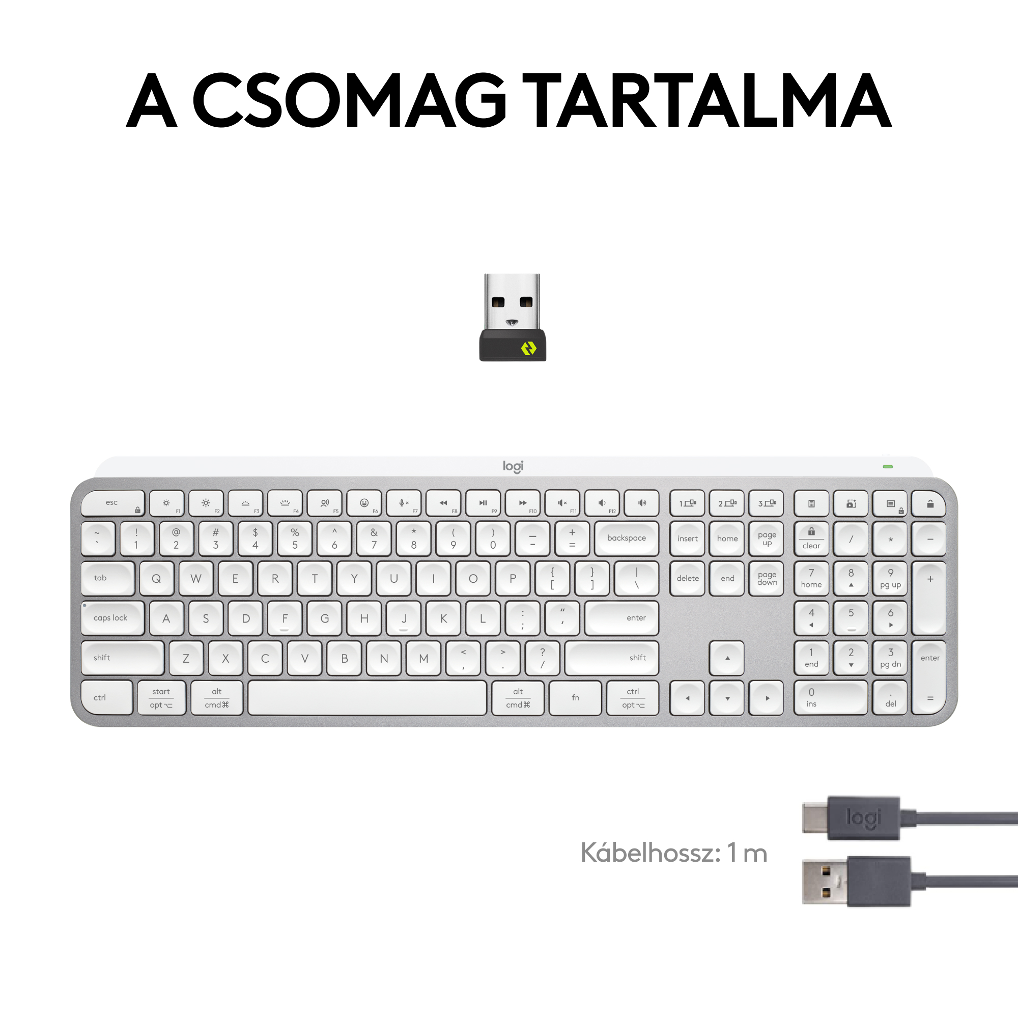 Logitech billentyűzet USB vevővel és töltőkábellel fehér felületen.
