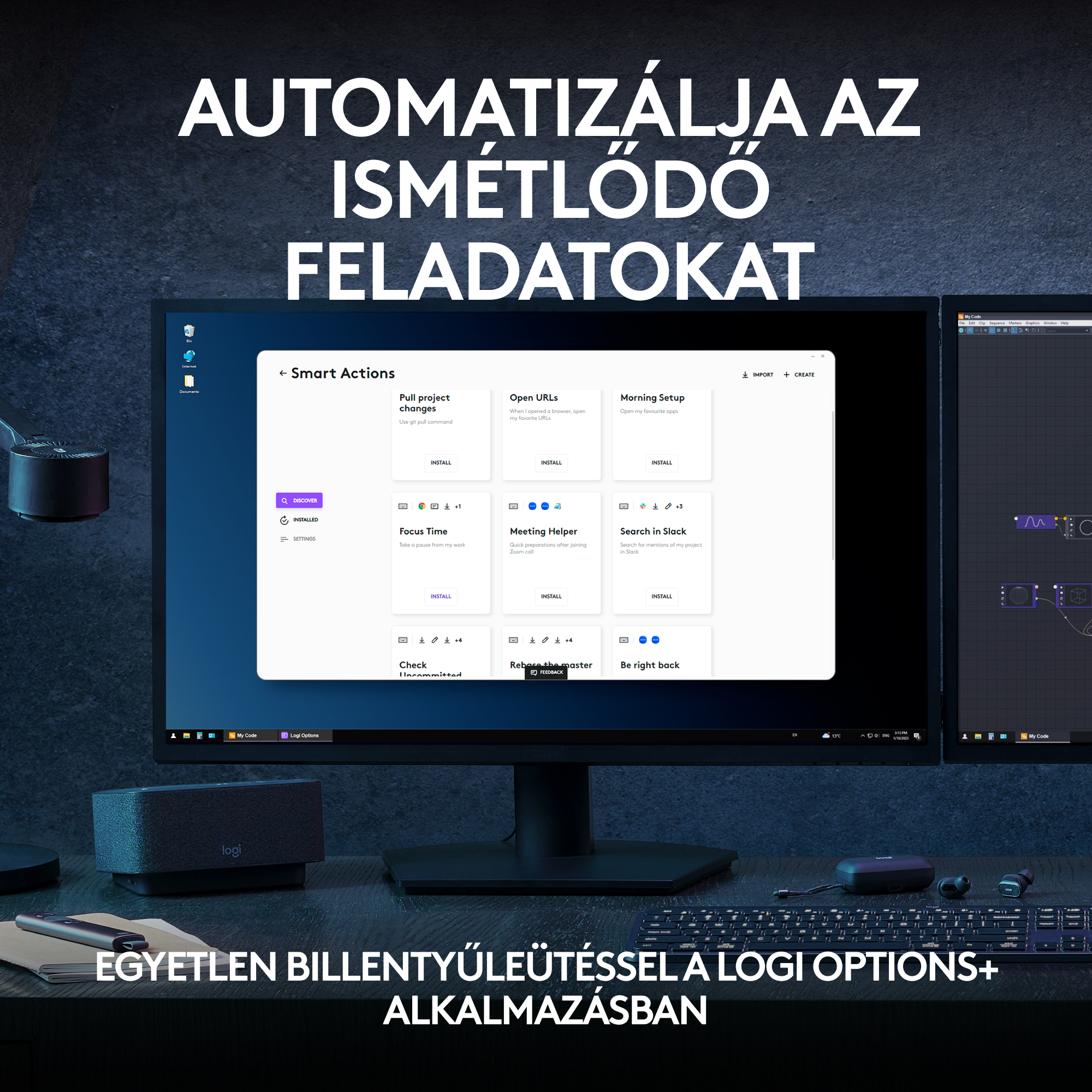 Két számítógép-monitor, amelyek egy szoftverfelületet mutatnak. Szöveg: 'Smart Actions'.