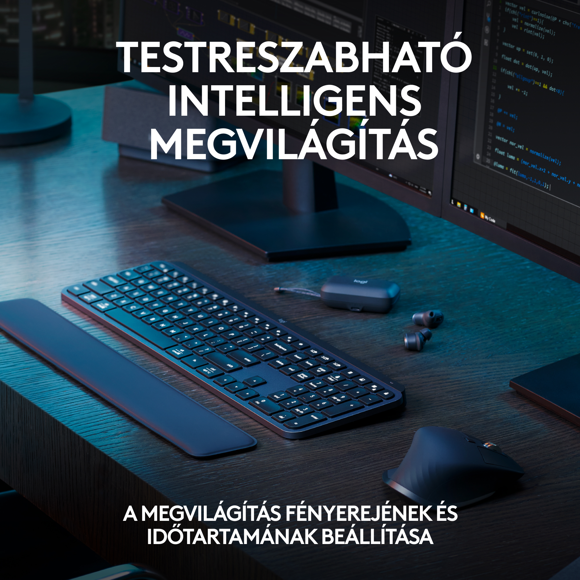 Egy asztali beállítás billentyűzettel, egérrel és számítógép monitorral, szöveggel.