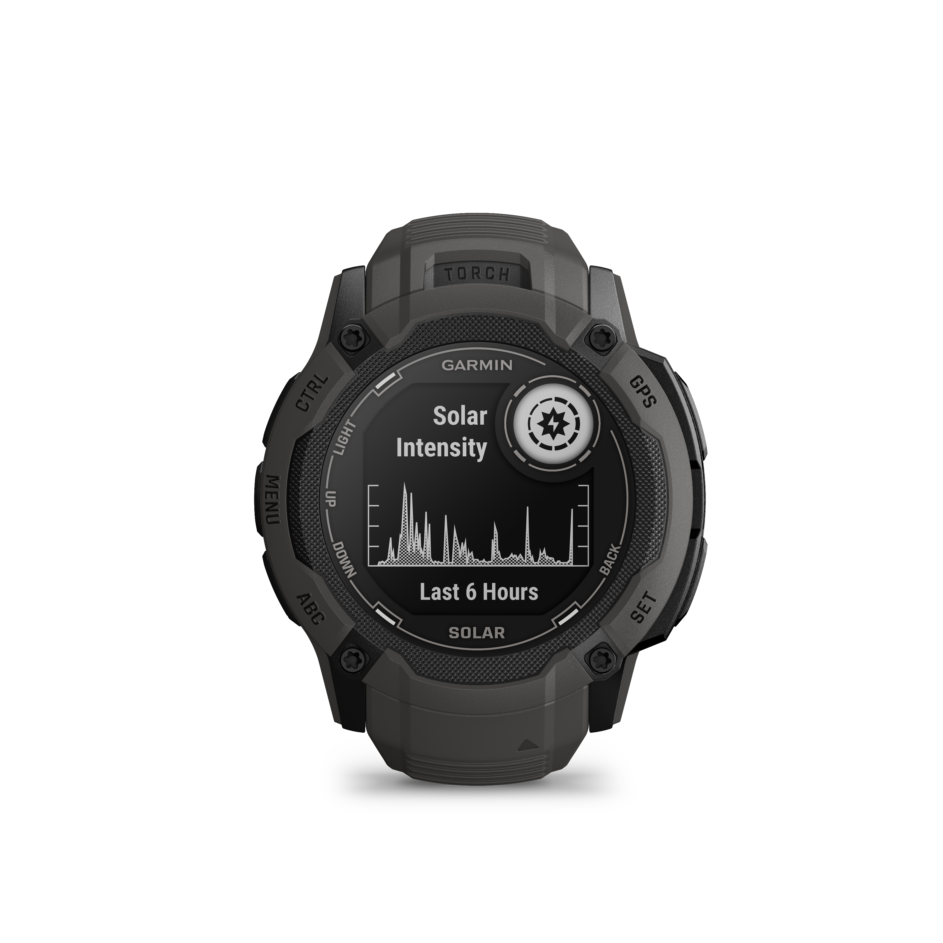 Schwarze Garmin-Smartwatch mit Bildschirm, der Solarenergie-Daten anzeigt.