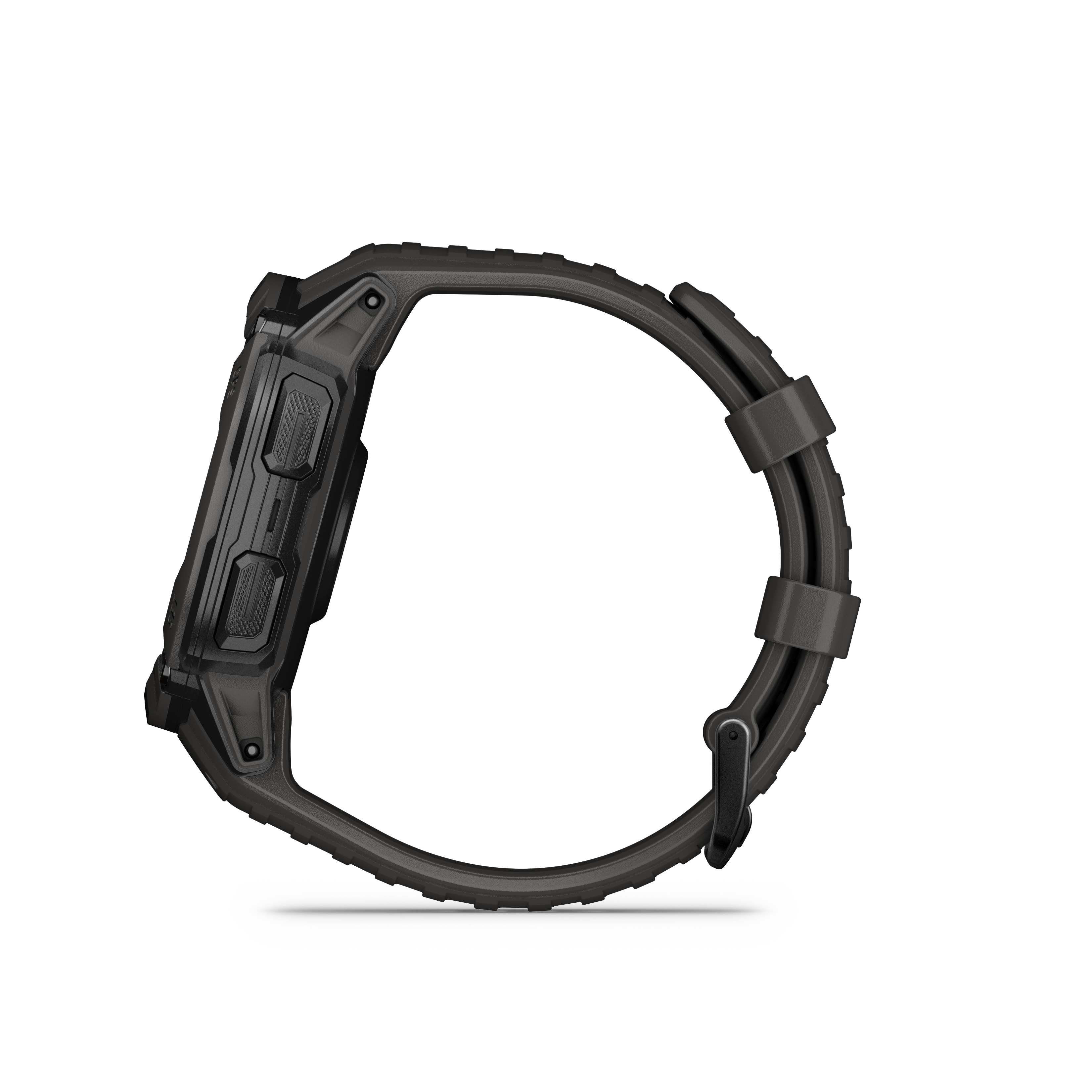 Eine schwarze Garmin Instinct Uhr vor weißem Hintergrund, Seitenprofil.