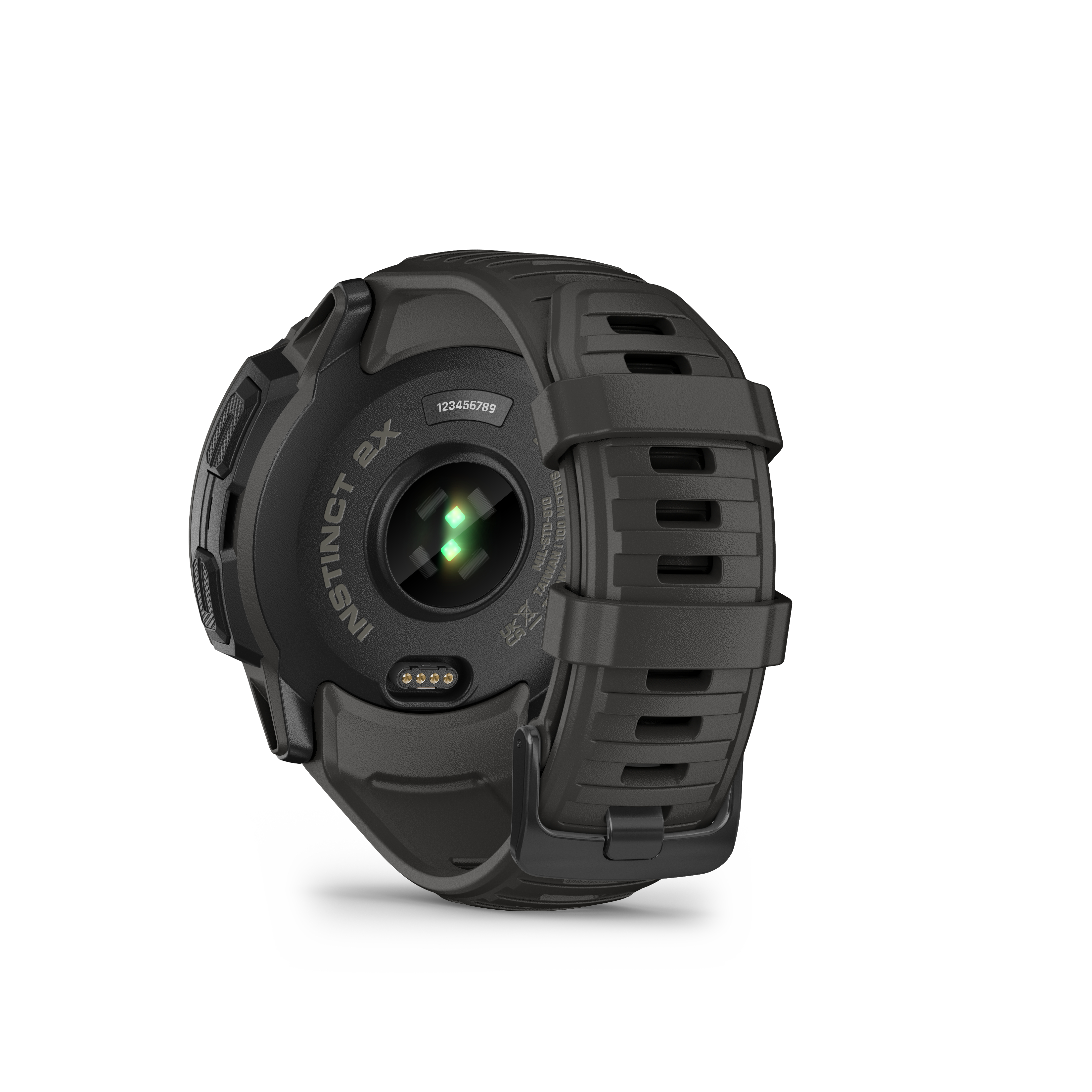 Schwarze Garmin Instinct 2X Uhr, Rückansicht. Zeigt Sensor und Seriennummer.
