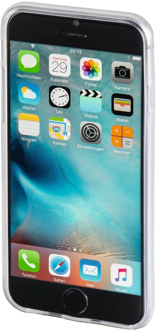 Smartfon z ikonami na ekranie, w przezroczystym etui.