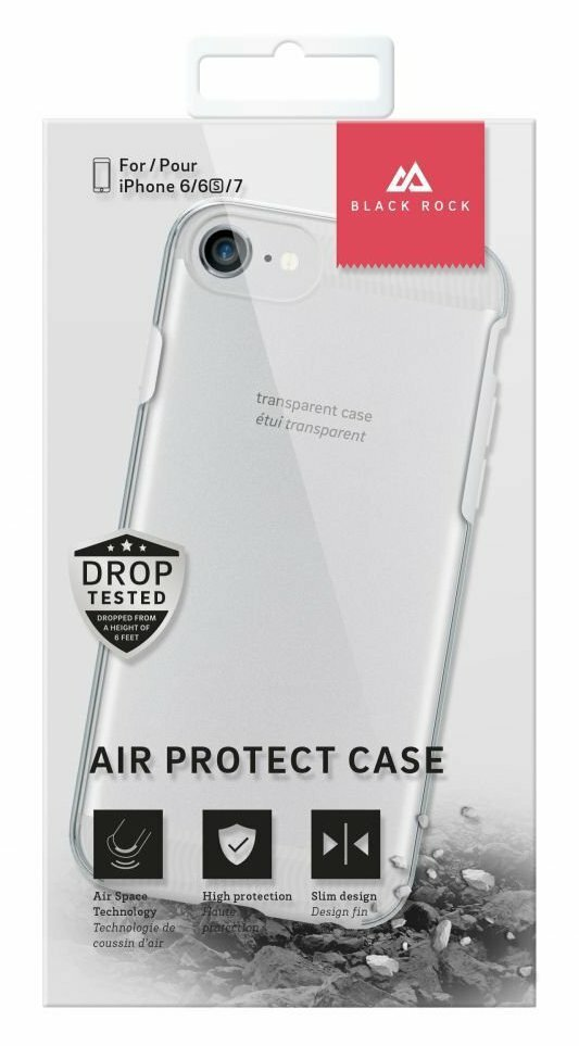 Przezroczyste etui na iPhone'a w opakowaniu, z etykietą 'DROP TESTED' i tekstem 'Air Protect Case'. Dla iPhone 6/6s/7.