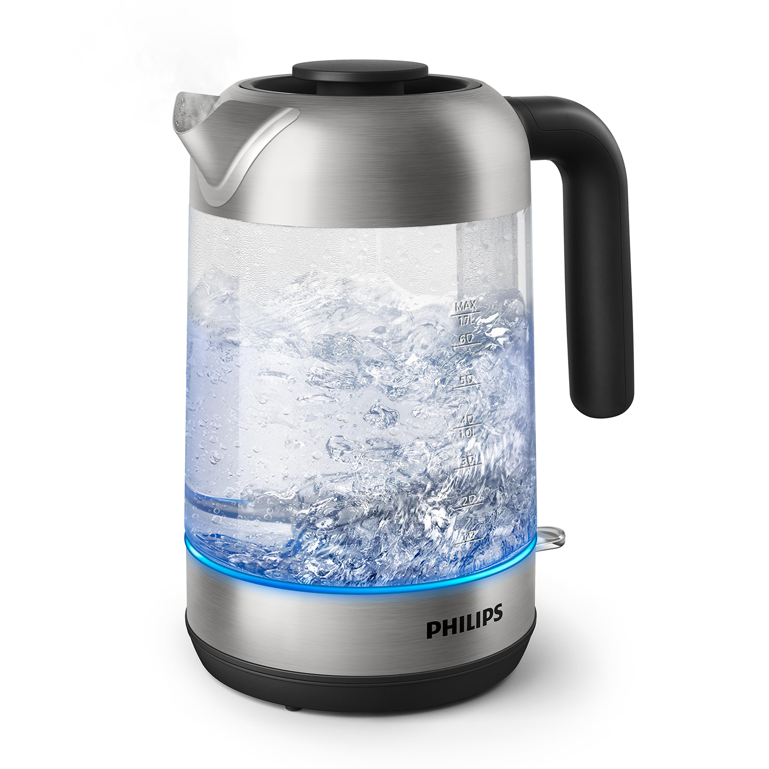Bollitore elettrico con acqua bollente. Ha una base argentata e un manico nero.