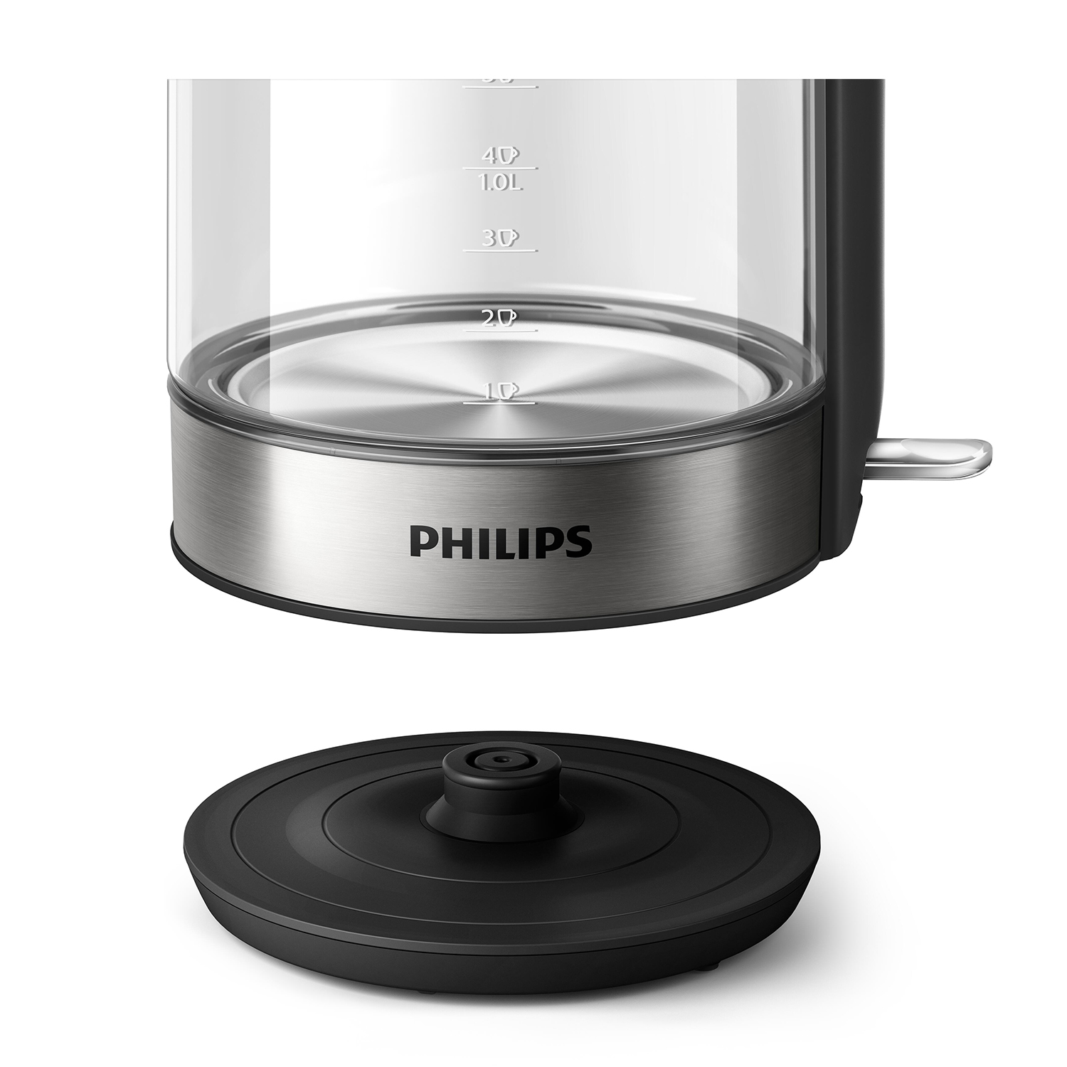 Primo piano di un bollitore elettrico Philips. Base in acciaio inox e corpo in vetro trasparente. Base nera.