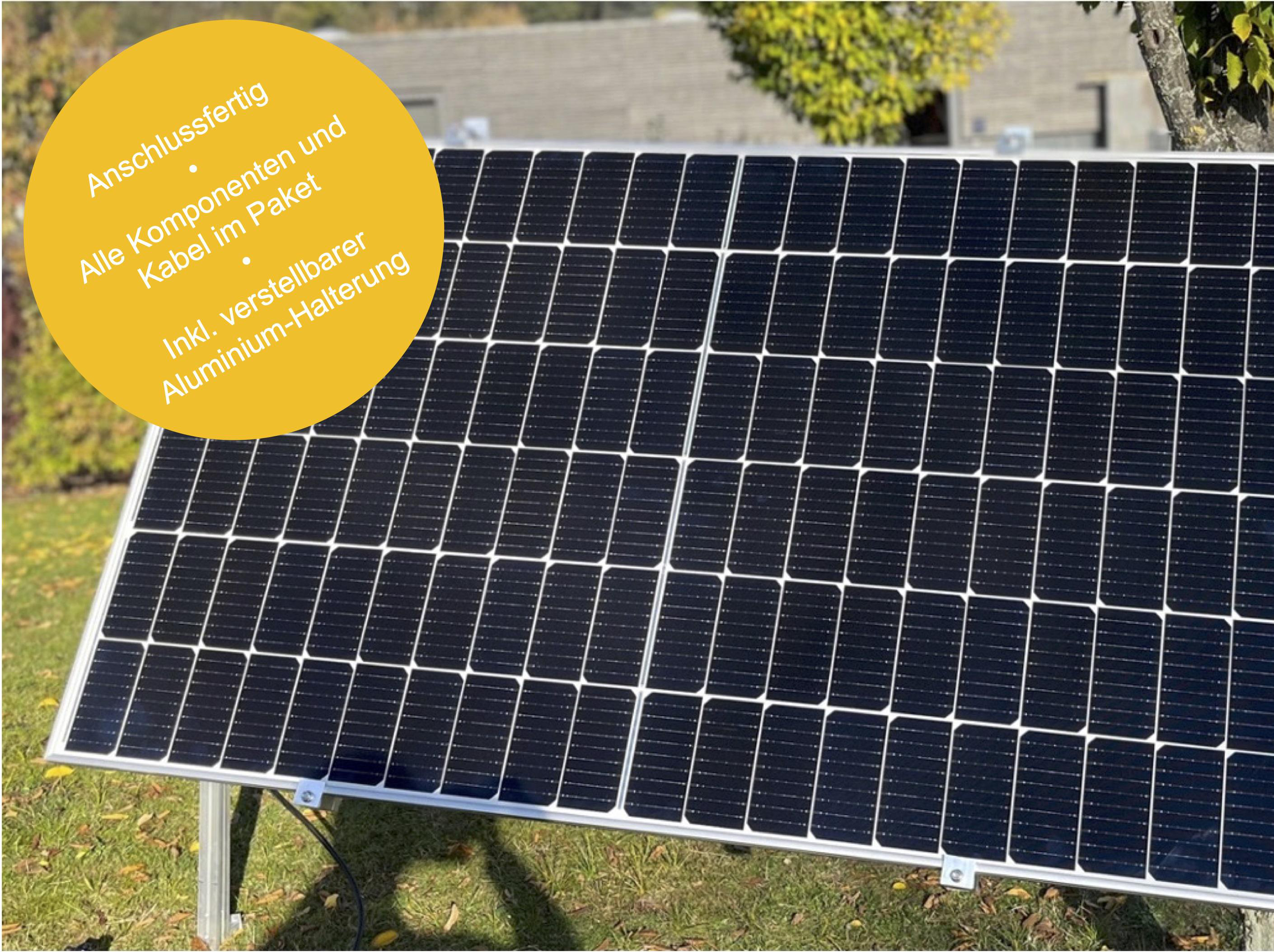 Solarpaneele auf Ständer, gelber Textkasten: anschlussfertig, alle Komponenten, verstellbare Halterung.