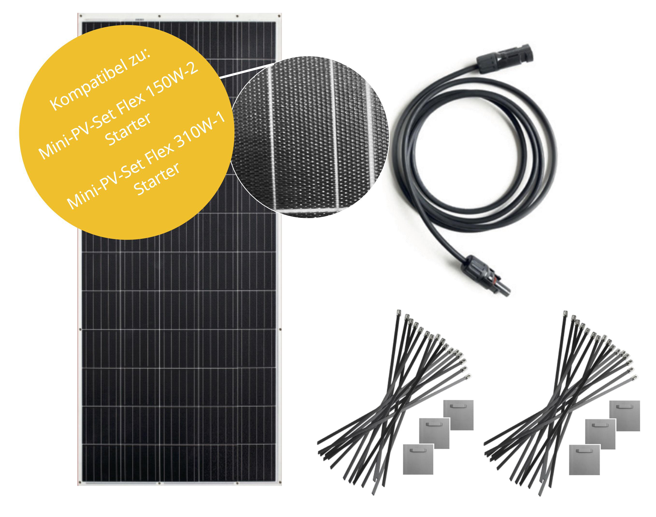 Solarpanel mit schwarzen Zellen und Anschlusskabeln daneben.