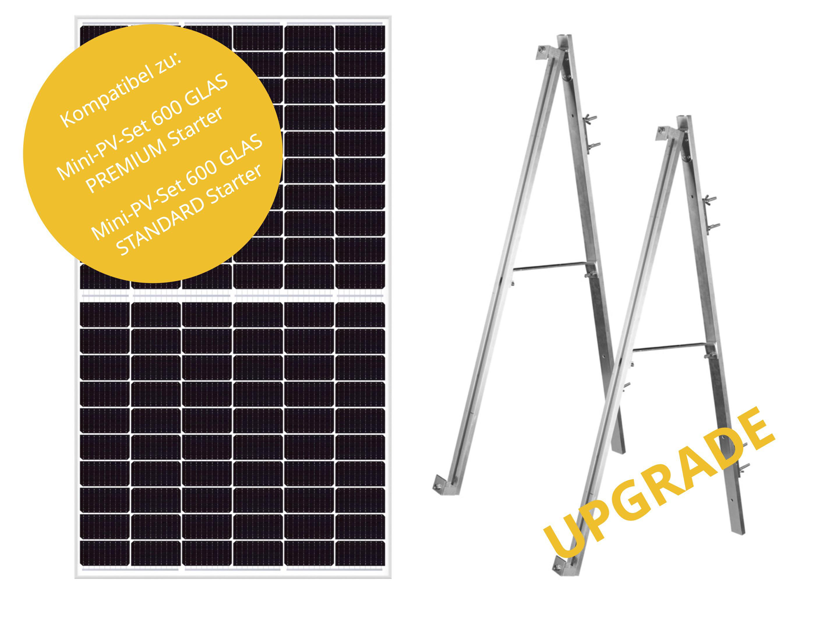 Sonnenkollektoren und Metallständer auf weißem Hintergrund. Text mit der Aufschrift "Upgrade".