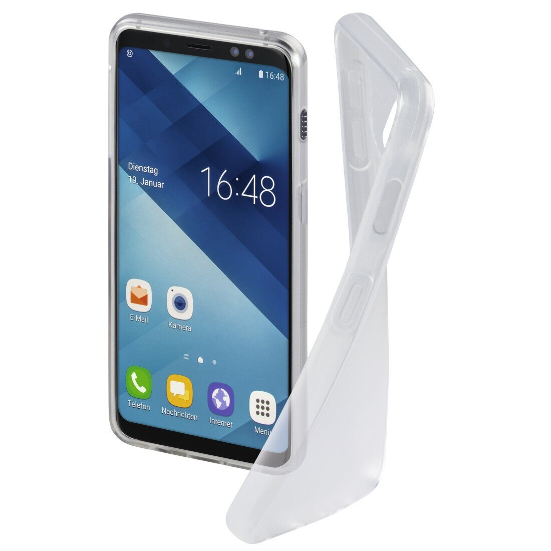 Smartfon z przezroczystym etui ochronnym. Ekran wyświetla godzinę i ikony aplikacji. Drugie etui po prawej stronie.