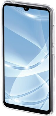 Przezroczyste etui na smartfona z niebieskim tłem i efektami świetlnymi.