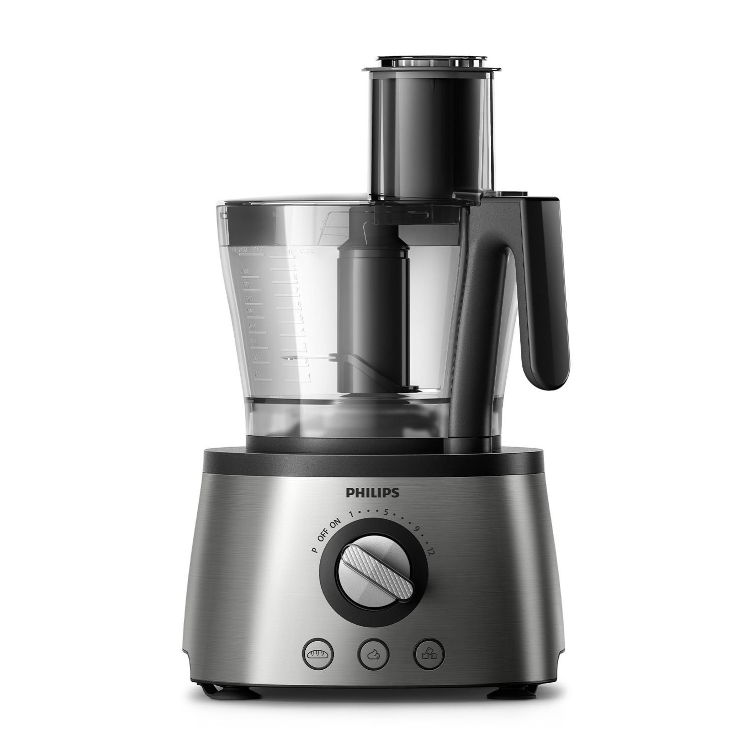 Robot da cucina su sfondo bianco. Argento con parti nere e un contenitore trasparente.