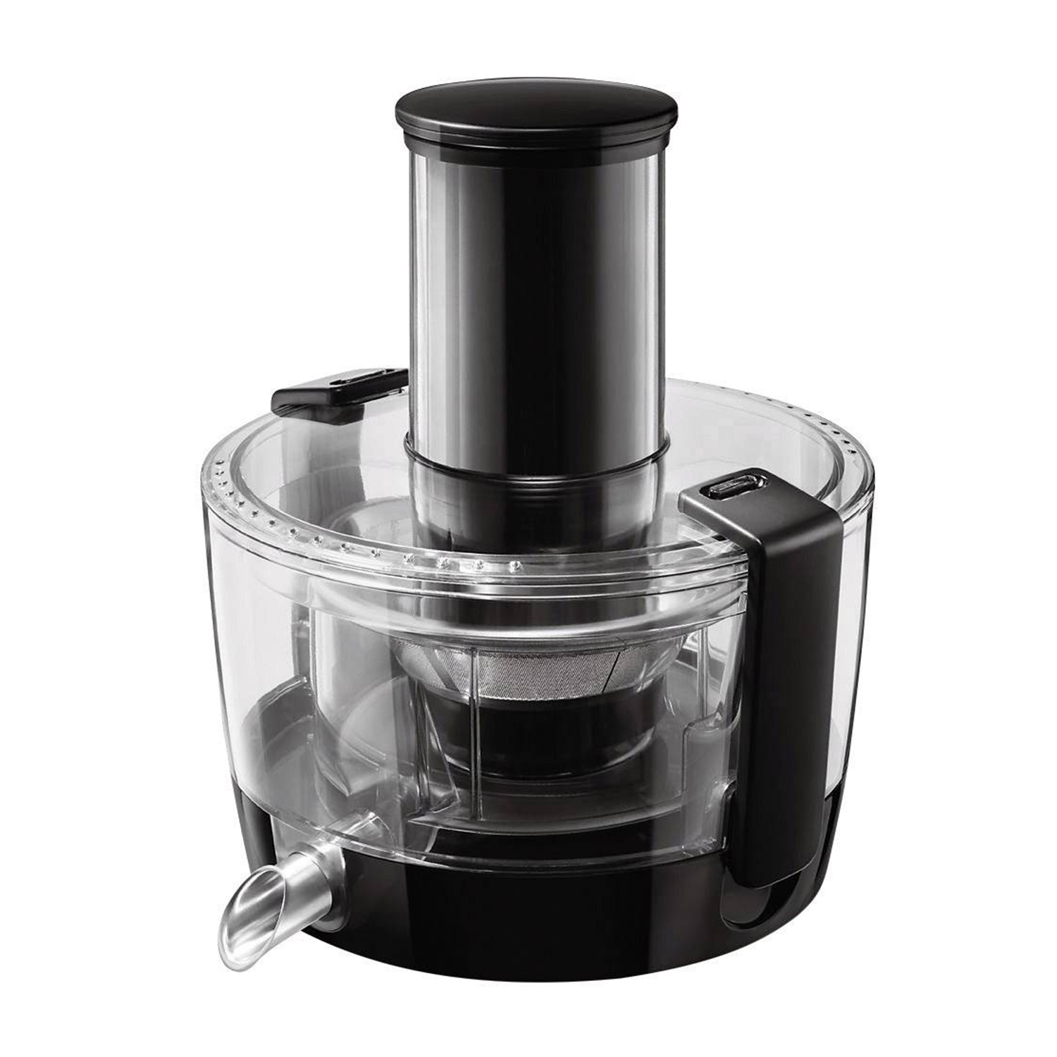 Centrifuga nera. La centrifuga è in un contenitore trasparente con un coperchio nero.