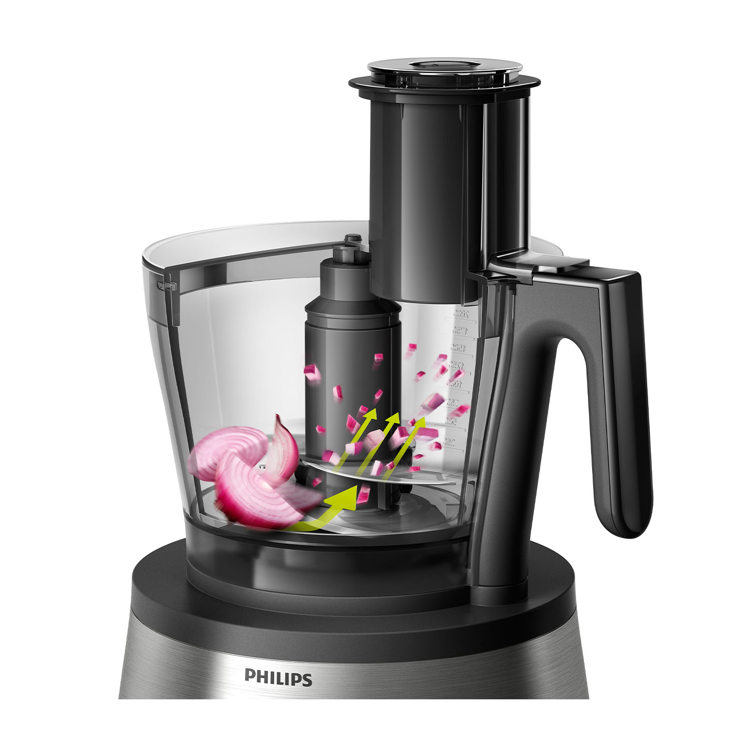 Un robot da cucina Philips, che taglia cipolle rosse con indicatori a freccia.