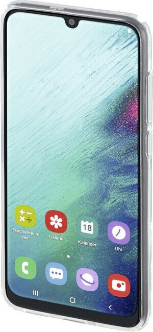 Smartfon w przezroczystym etui, pokazujący ekran z ikonami aplikacji.